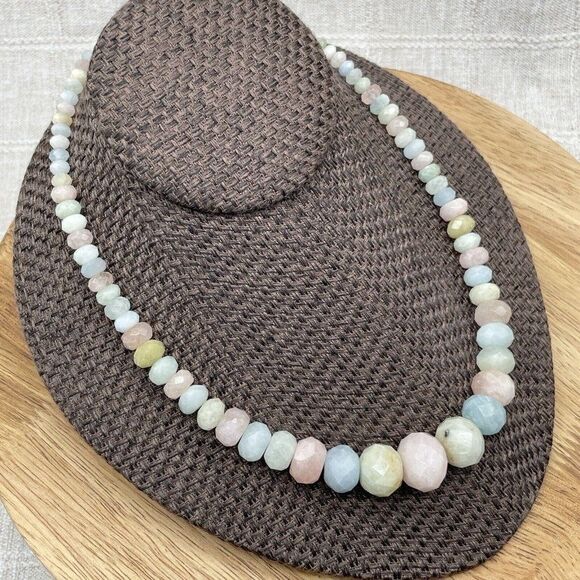 Jay King Aquamarine & Morganite Bead Necklace Pastel Graduated Facetted Rondelle - Picture 2 of 16